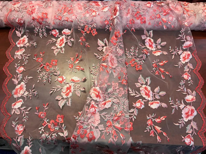Multi-Color Forever Roses Floral Design Lace On Mesh Fabric By The Yard Used For -Dress-Bridal-Decorations- [Coral/Pink]
