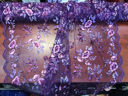 Multi-Color Forever Roses Floral Design Lace On Mesh Fabric By The Yard Used For -Dress-Bridal-Decorations- [Purple/Lilac]
