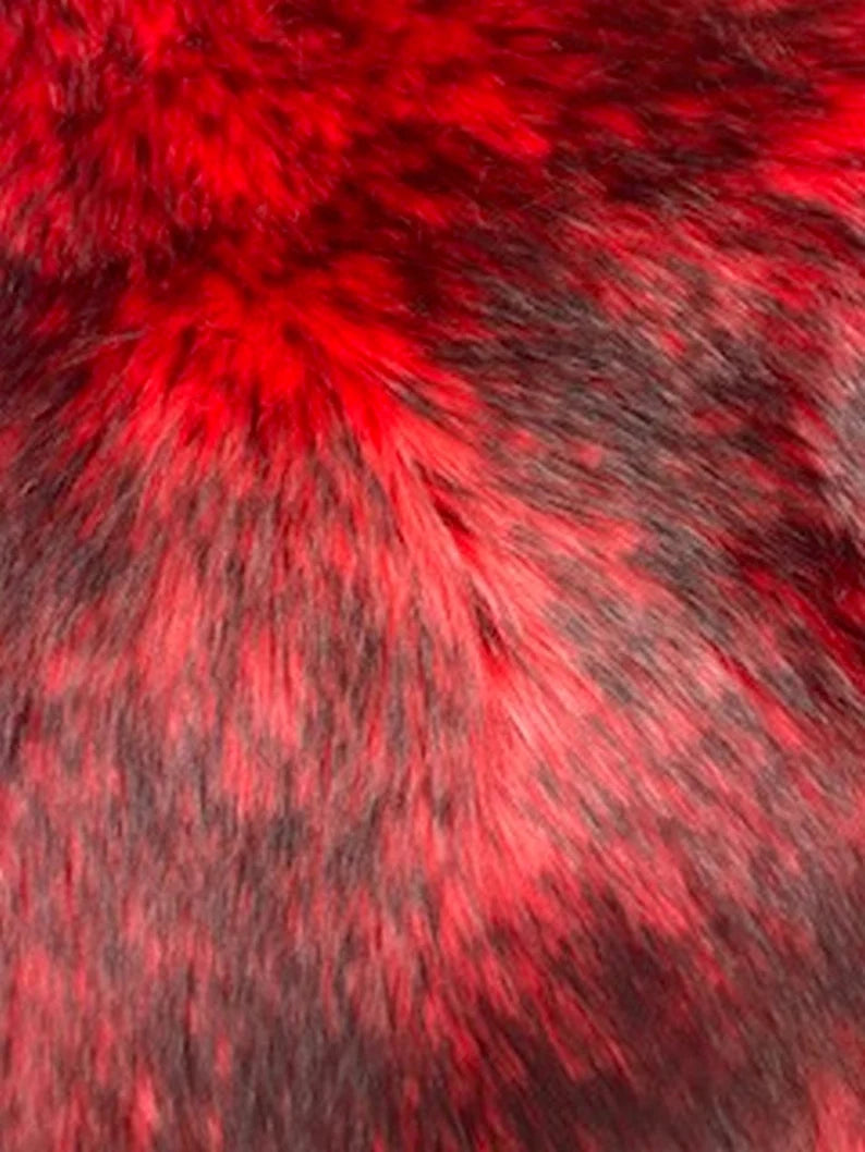 Husky 2 Tone Long Pile Shaggy Faux Fur Fabric By The Yard Can Be Used For Costumes-Clothing-Accessories-Rugs [Red/Black]