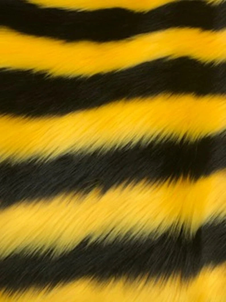 Shaggy 2 Tone Stripe Faux Fur Fabric By The Yard Can Be Used For Costumes-Clothing-Accessories-Rugs [Black/Yellow]