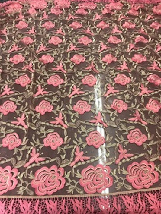 2 Tone Rose Flowers Lace On Mesh Fabric With Guipure Edges By The Yard Used For Dress-Bridal-Decorations [Pink]