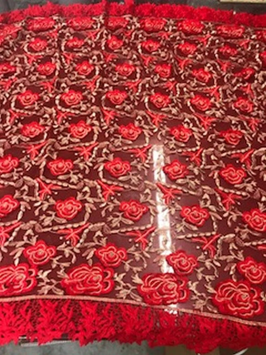2 Tone Rose Flowers Lace On Mesh Fabric With Guipure Edges By The Yard Used For Dress-Bridal-Decorations [Red]