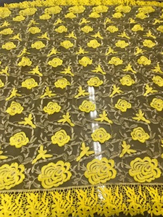 2 Tone Rose Flowers Lace On Mesh Fabric With Guipure Edges By The Yard Used For Dress-Bridal-Decorations [Yellow]