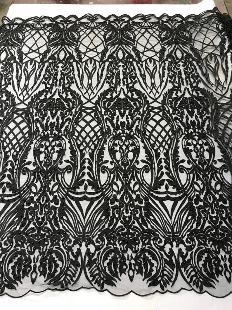 Antique Fashion Damask Lace On Mesh Fabric With Pearls By The Yard Used For -Dress-Bridal-Fashion-Apparel [Black]
