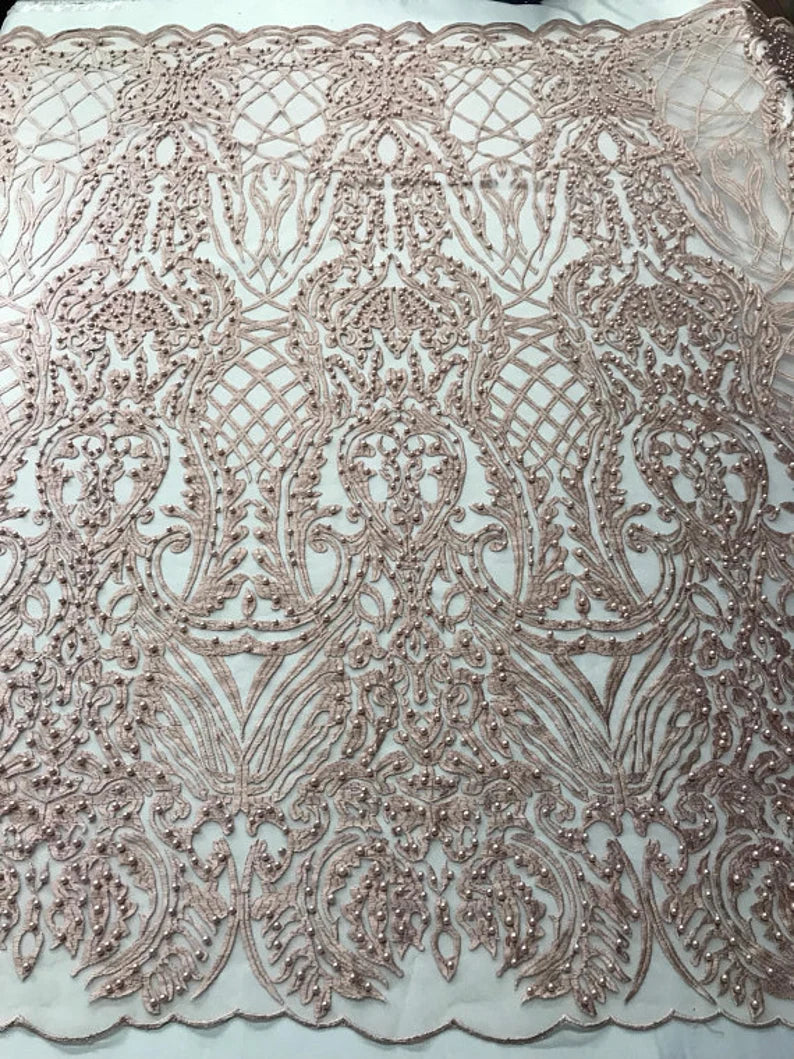 Antique Fashion Damask Lace On Mesh Fabric With Pearls By The Yard Used For -Dress-Bridal-Fashion-Apparel [Dusty Rose]