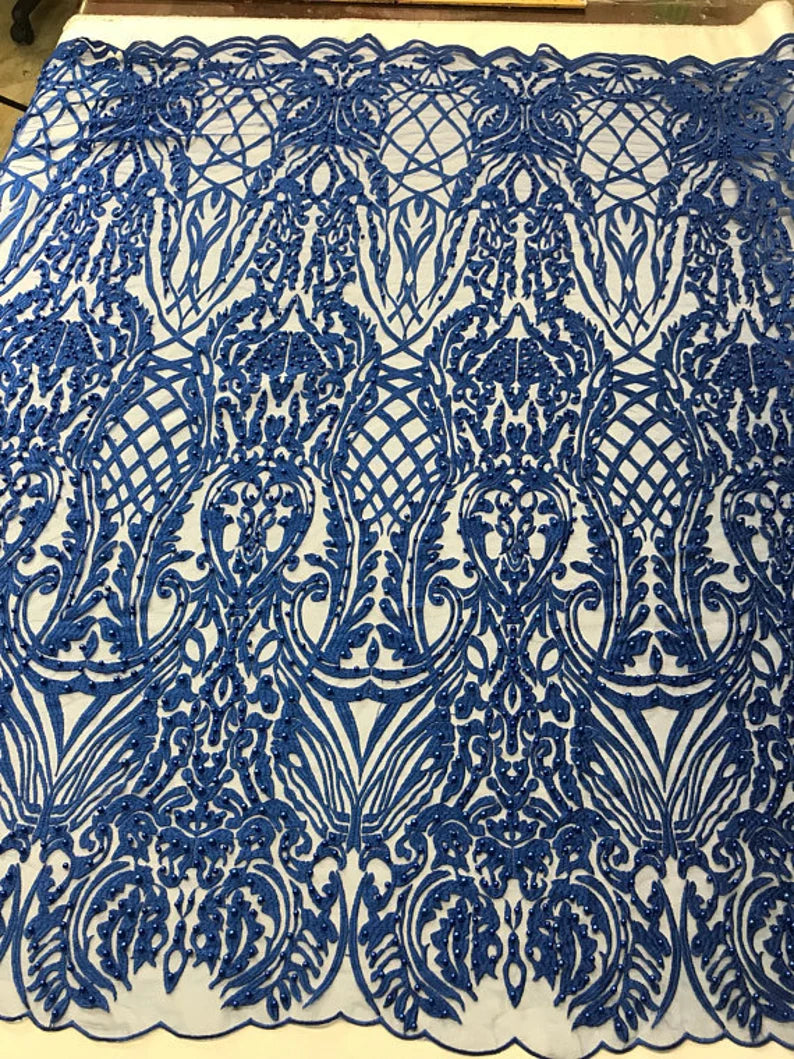 Antique Fashion Damask Lace On Mesh Fabric With Pearls By The Yard Used For -Dress-Bridal-Fashion-Apparel [Royal Blue]
