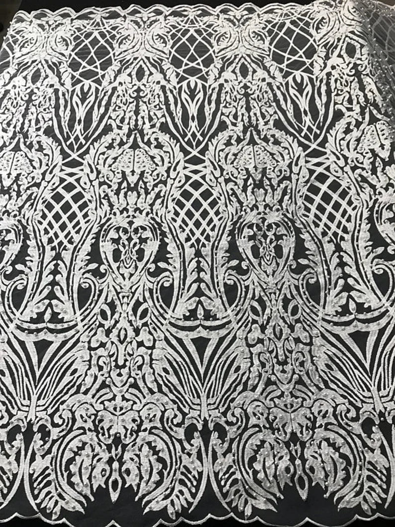 Antique Fashion Damask Lace On Mesh Fabric With Pearls By The Yard Used For -Dress-Bridal-Fashion-Apparel [White]