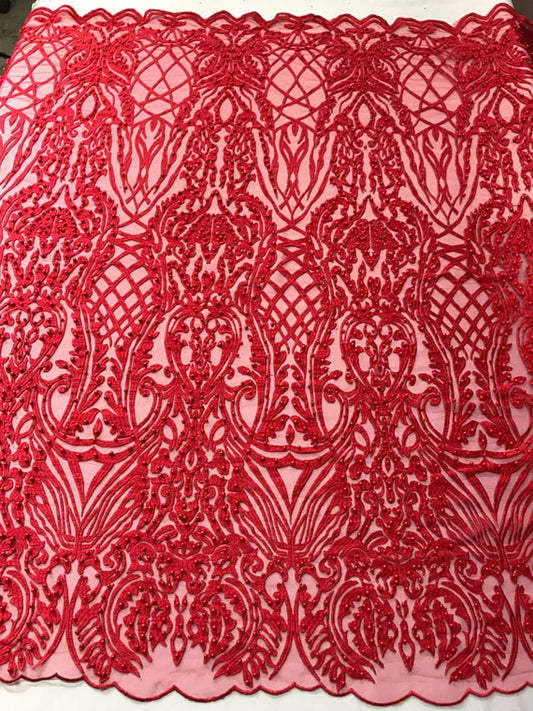 Antique Fashion Damask Lace On Mesh Fabric With Pearls By The Yard Used For -Dress-Bridal-Fashion-Apparel [Red]