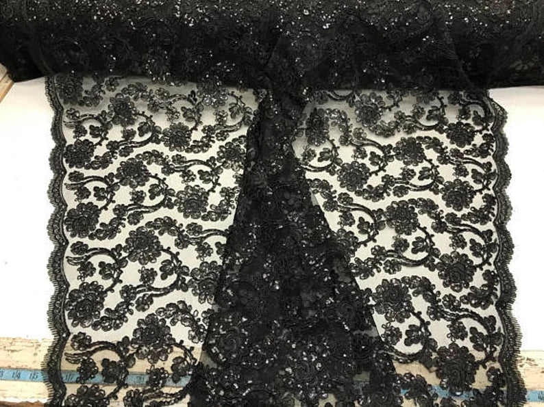 Forbidden Flowers With Sequins Corded Lace On Mesh Fabric By The Yard Used For -Dress-Bridal-Fashion [Black]