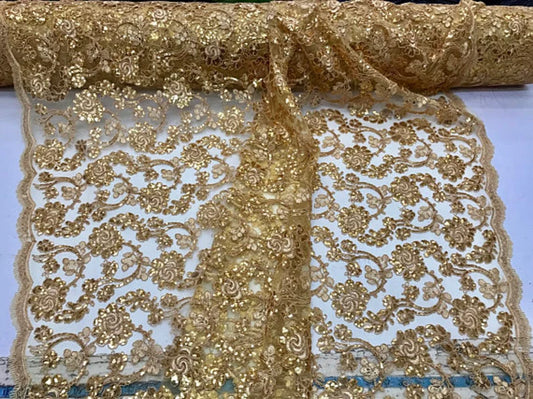 Forbidden Flowers With Sequins Corded Lace On Mesh Fabric By The Yard Used For -Dress-Bridal-Fashion [Gold]