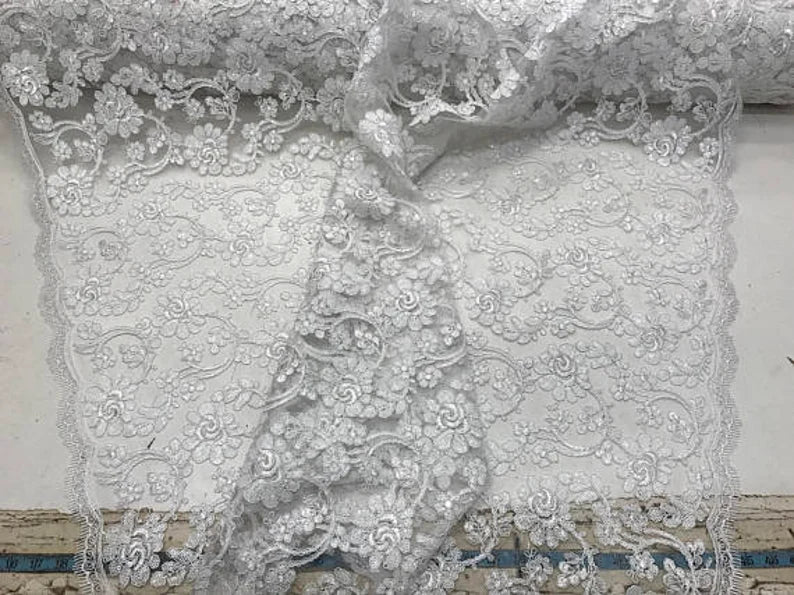 Forbidden Flowers With Sequins Corded Lace On Mesh Fabric By The Yard Used For -Dress-Bridal-Fashion [White]