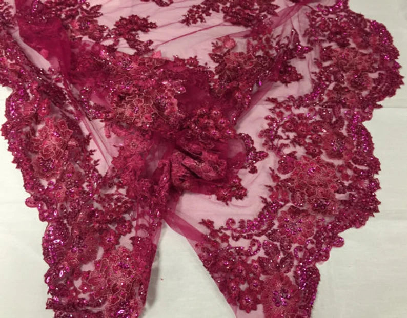 3D Sparkle Roses Sequins On Mesh Fabric With Beads By The Yard Used For -Dress-Bridal-Fashion [Fuchsia]