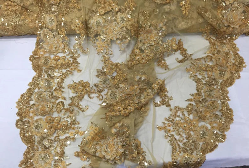 3D Sparkle Roses Sequins On Mesh Fabric With Beads By The Yard Used For -Dress-Bridal-Fashion [Gold]