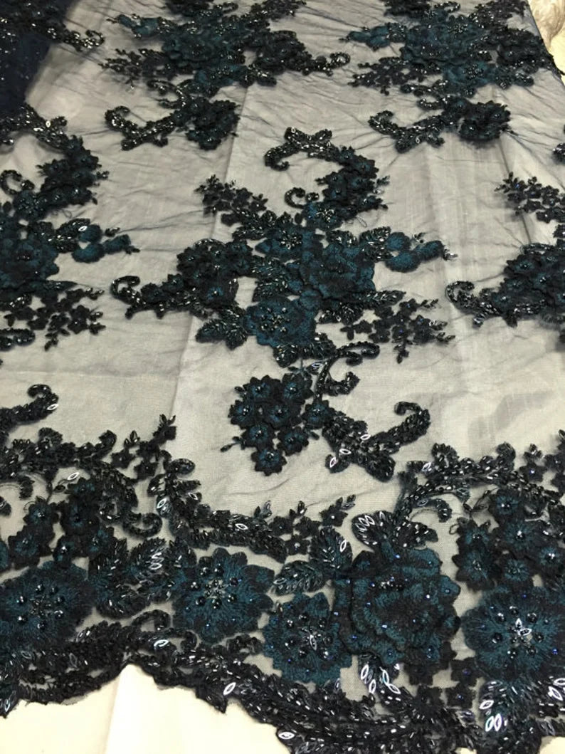 3D Sparkle Roses Sequins On Mesh Fabric With Beads By The Yard Used For -Dress-Bridal-Fashion [Navy Blue]