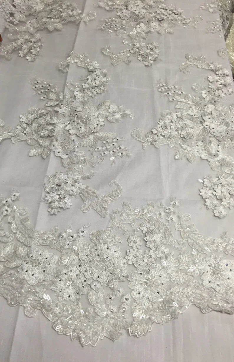 3D Sparkle Roses Sequins On Mesh Fabric With Beads By The Yard Used For -Dress-Bridal-Fashion [White]