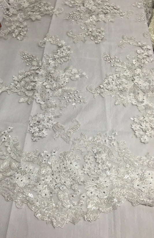 3D Sparkle Roses Sequins On Mesh Fabric With Beads By The Yard Used For -Dress-Bridal-Fashion [White]