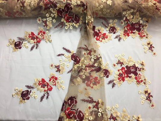 Oriental Floral Embroidered On A Nude Mesh Fabric By The Yard Used For Dress-Accessories-Rhinestones [Burgundy Multi-Color]