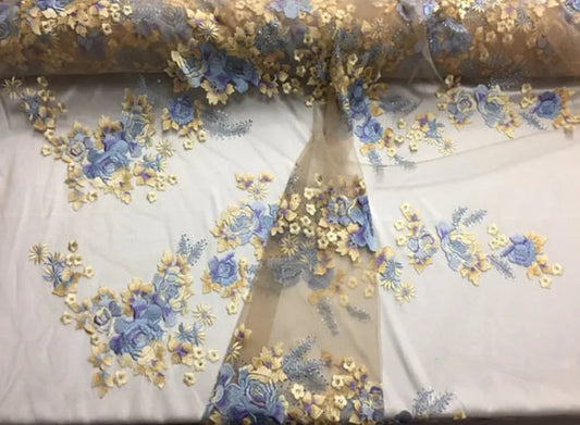 Oriental Floral Embroidered On A Nude Mesh Fabric By The Yard Used For -Dress-Rhinestones [Light Blue Multi-Color]