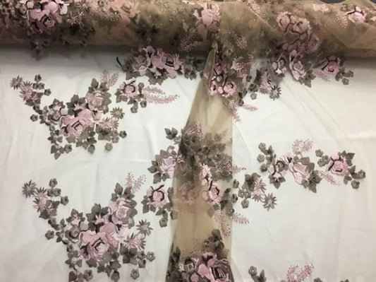 Oriental Floral Embroidered On A Nude Mesh Fabric By The Yard Used For -Dress-Accessories-Rhinestones [Pink Multi-Color]