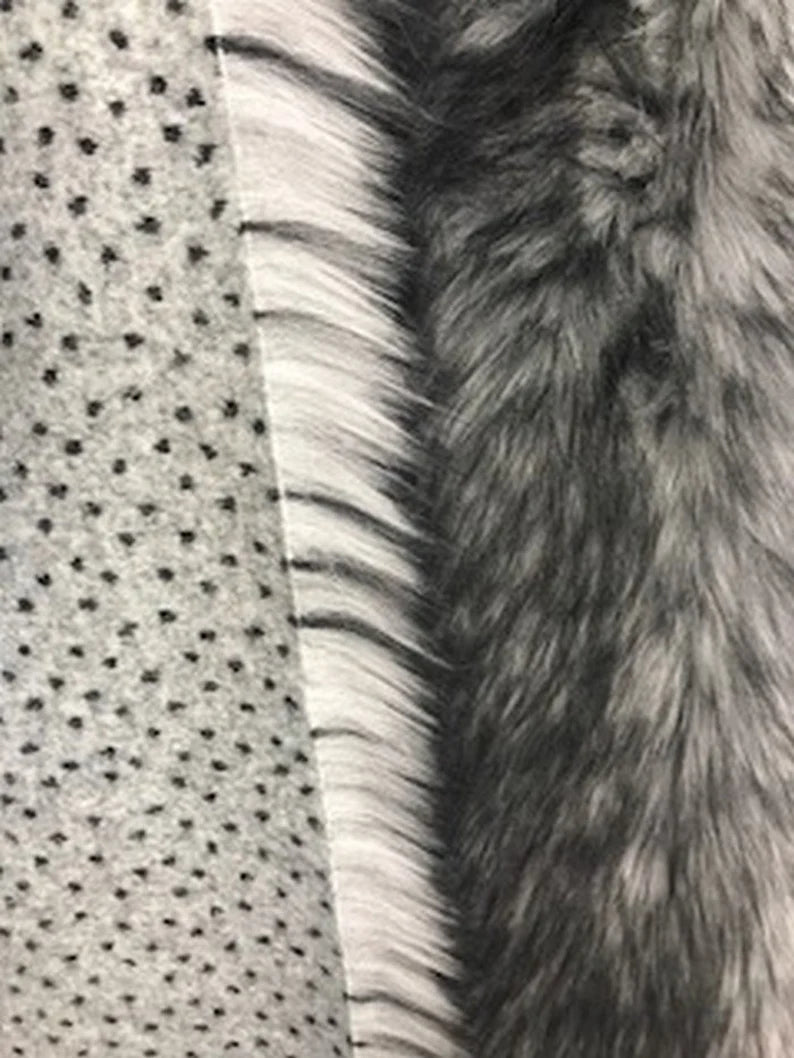 Husky Faux Fur Fabric By The Yard_ Shaggy Long Pile Fake Fur Material/ 2  TONE Fur Gray/Black