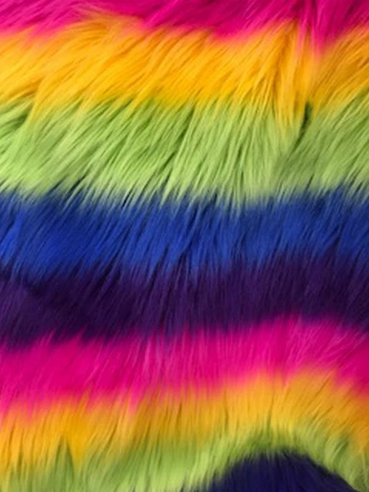 Faux Fake Fur Rainbow Striped Fabric By The Yard Can Be Used For Costumes-Clothing-Accessories-Rugs [Multi-Color]