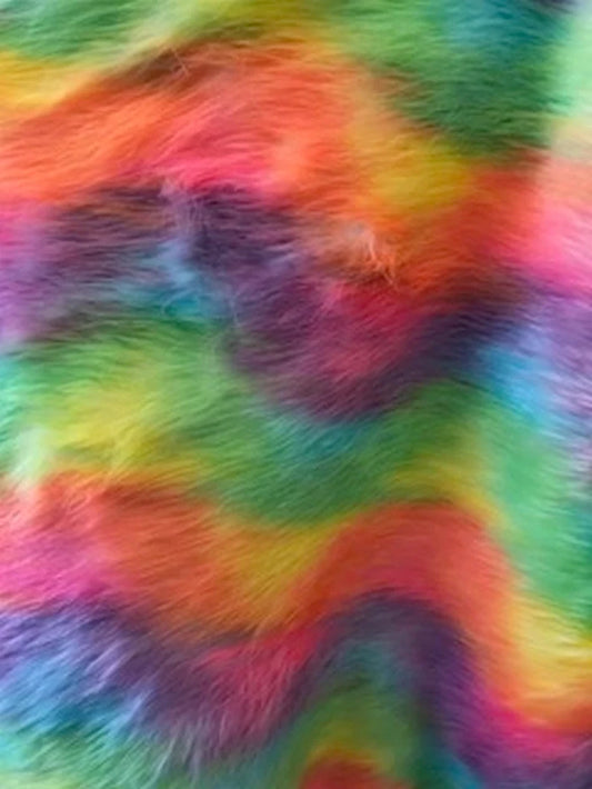 Tie Dye Wavy Rainbow Faux Fur Fabric By The Yard Can Be Used For Costumes-Clothing-Accessories-Rugs [Multi-Color