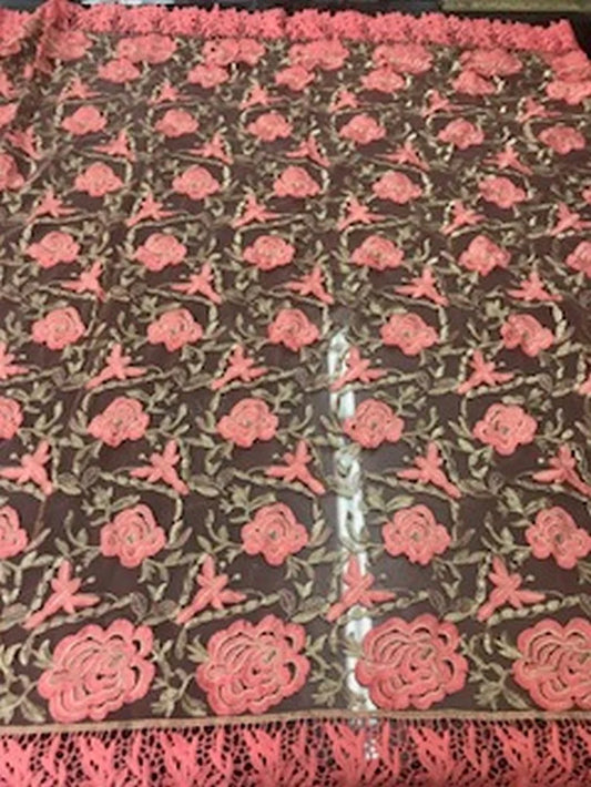 2 Tone Rose Flowers Lace On Mesh Fabric With Guipure Edges By The Yard Used For Dress-Bridal-Decorations [Coral