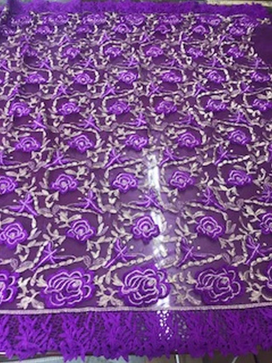 2 Tone Rose Flowers Lace On Mesh Fabric With Guipure Edges By The Yard Used For Dress-Bridal-Decorations [Purple]