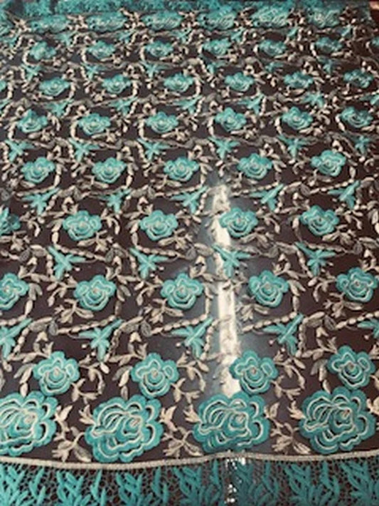 2 Tone Rose Flowers Lace On Mesh Fabric With Guipure Edges By The Yard Used For Dress-Bridal-Decorations [Turquoise]