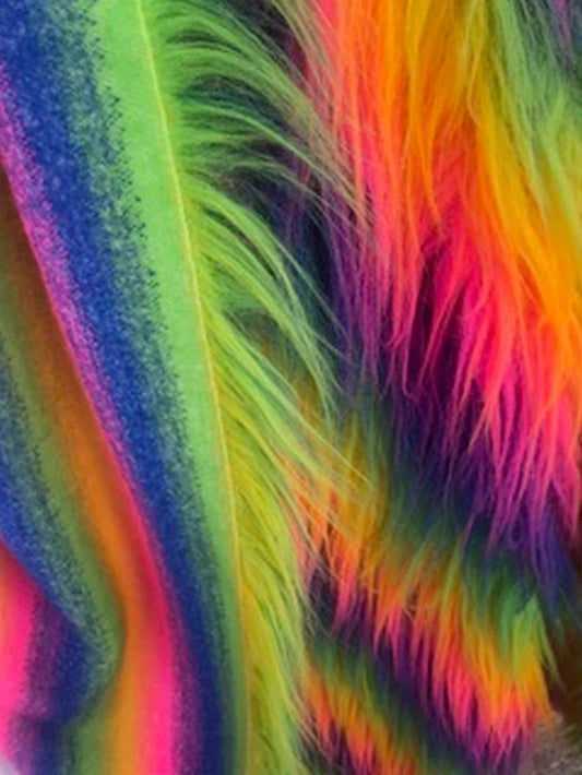 Monkey Stripe Shaggy Faux Fur Long Pile Fabric By The Yard Can Be Used For Costumes-Clothing-Accessories-Rugs [Rainbow]