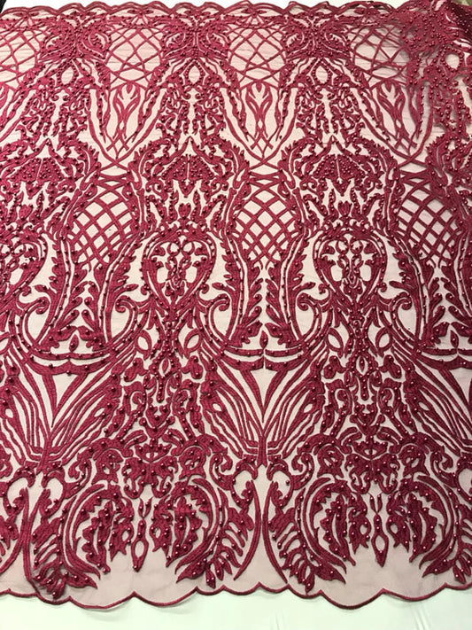 Antique Fashion Damask Lace On Mesh Fabric With Pearls By The Yard Used For -Dress-Bridal-Fashion-Apparel [Burgundy]