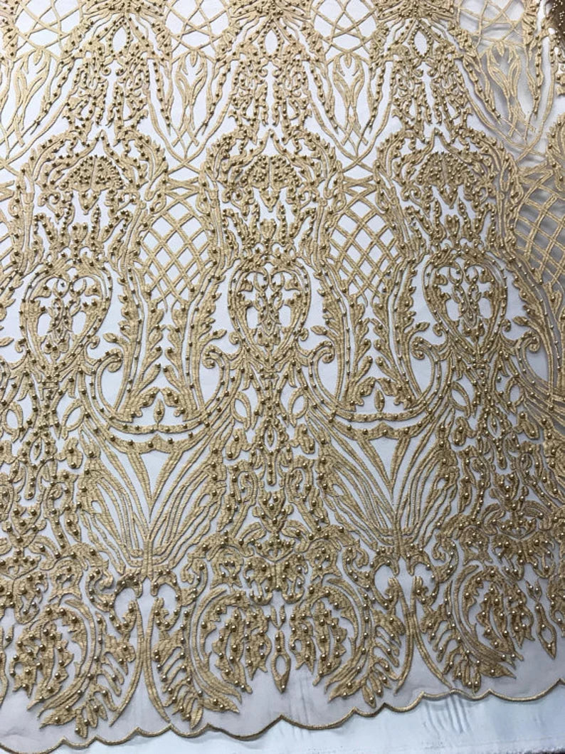 Antique Fashion Damask Lace On Mesh Fabric With Pearls By The Yard Used For -Dress-Bridal-Fashion-Apparel [Dark Gold]