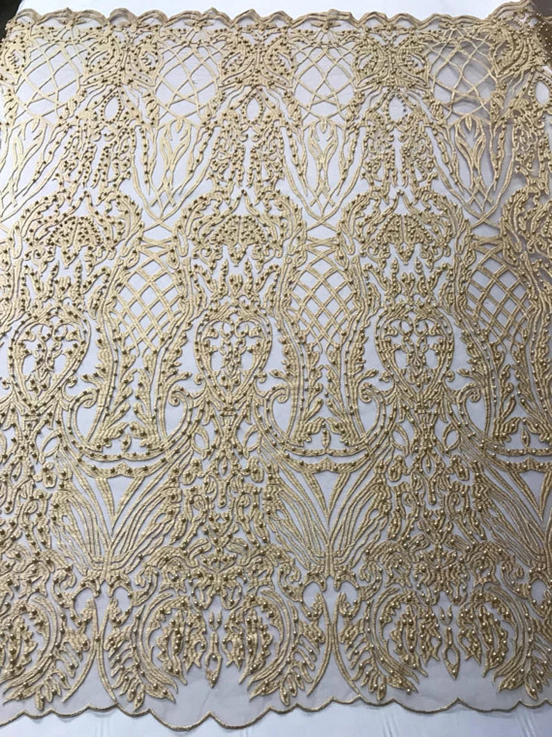 Antique Fashion Damask Lace On Mesh Fabric With Pearls By The Yard Used For -Dress-Bridal-Fashion-Apparel [Gold]
