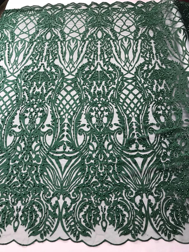 Antique Fashion Damask Lace On Mesh Fabric With Pearls By The Yard Used For -Dress-Bridal-Fashion-Apparel [Hunter Green]