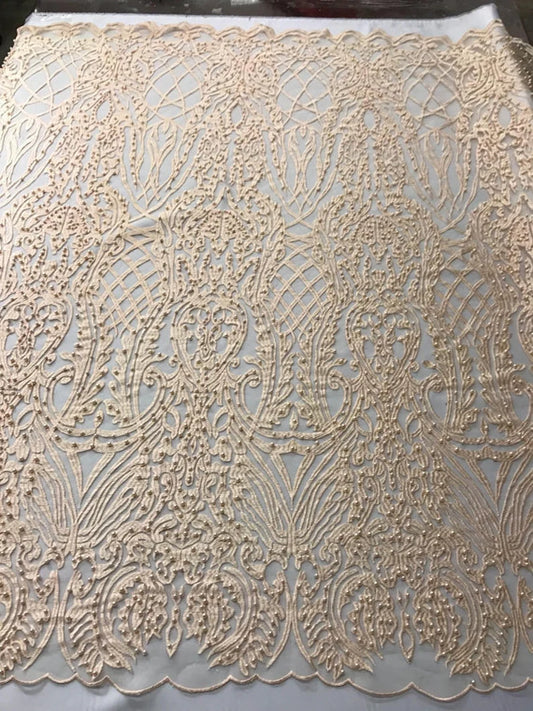 Antique Fashion Damask Lace On Mesh Fabric With Pearls By The Yard Used For -Dress-Bridal-Fashion-Apparel [Peach]