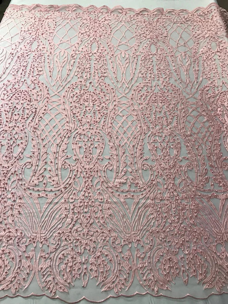 Antique Fashion Damask Lace On Mesh Fabric With Pearls By The Yard Used For -Dress-Bridal-Fashion-Apparel [Pink]