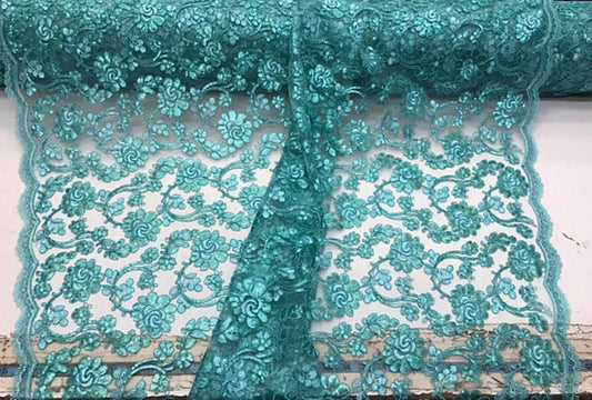 Forbidden Flowers With Sequins Corded Lace On Mesh Fabric By The Yard Used For -Dress-Bridal-Fashion [Aqua]