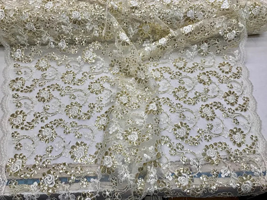 Forbidden Flowers With Sequins Corded Lace On Mesh Fabric By The Yard Used For -Dress-Bridal-Fashion [Ivory]