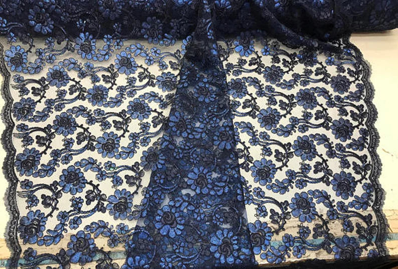 Forbidden Flowers With Sequins Corded Lace On Mesh Fabric By The Yard Used For -Dress-Bridal-Fashion [Navy Blue]