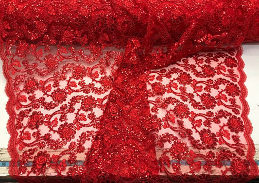 Forbidden Flowers With Sequins Corded Lace On Mesh Fabric By The Yard Used For -Dress-Bridal-Fashion [Red]