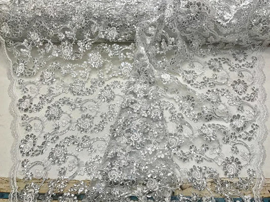 Forbidden Flowers With Sequins Corded Lace On Mesh Fabric By The Yard Used For -Dress-Bridal-Fashion [Silver]