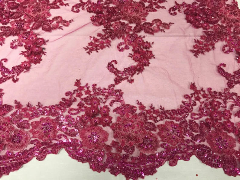 3D Sparkle Roses Sequins On Mesh Fabric With Beads By The Yard Used For -Dress-Bridal-Fashion [Fuchsia]