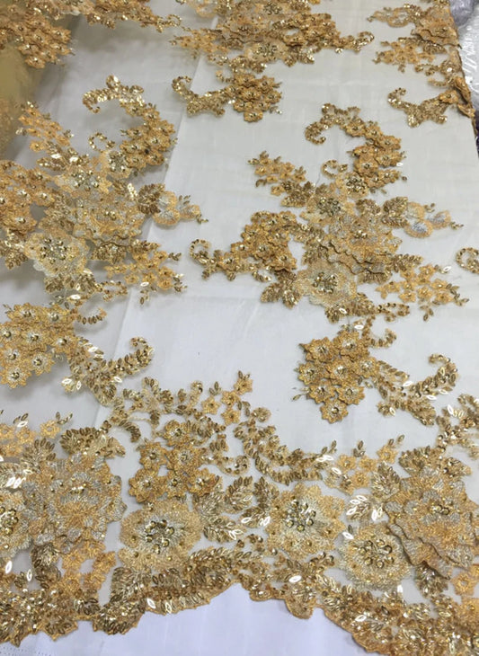 3D Sparkle Roses Sequins On Mesh Fabric With Beads By The Yard Used For -Dress-Bridal-Fashion [Gold]