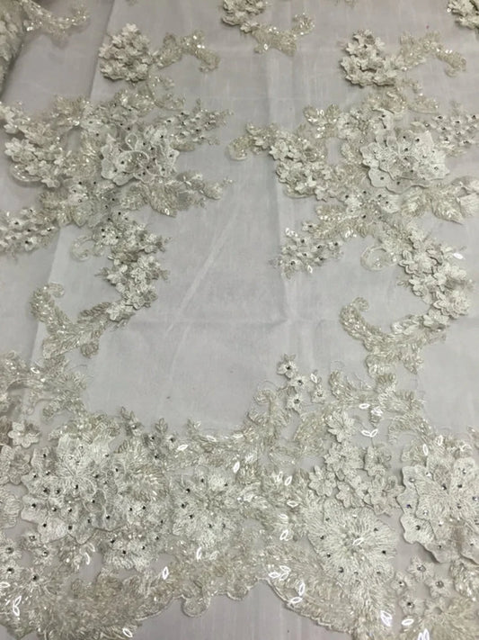 3D Sparkle Roses Sequins On Mesh Fabric With Beads By The Yard Used For -Dress-Bridal-Fashion [Ivory]