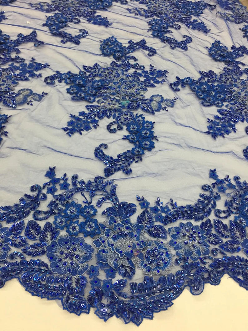 3D Sparkle Roses Sequins On Mesh Fabric With Beads By The Yard Used For -Dress-Bridal-Fashion [Royal Blue]