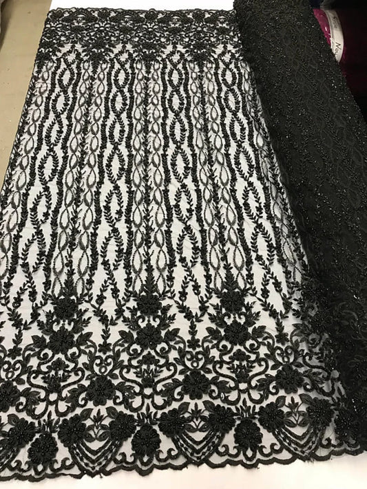 Precious Bridal Beaded Sequins On Mesh Fabric By The Yard Used For -Dress-Bridal-Fashion-Decor [Black]