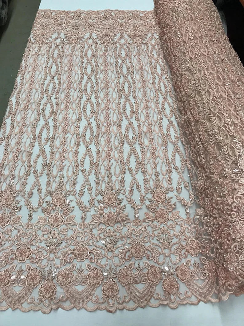Precious Bridal Beaded Sequins On Mesh Fabric By The Yard Used For -Dress-Bridal-Fashion-Decor [Blush]