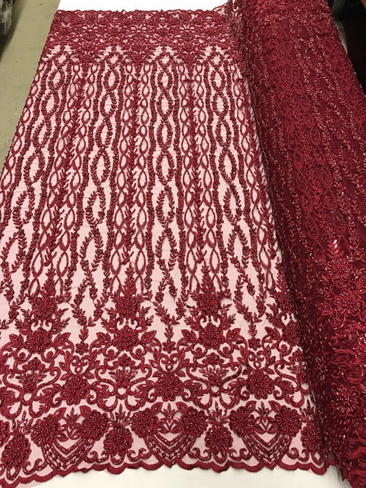 Precious Bridal Beaded Sequins On Mesh Fabric By The Yard Used For -Dress-Bridal-Fashion-Decor [Burgundy]