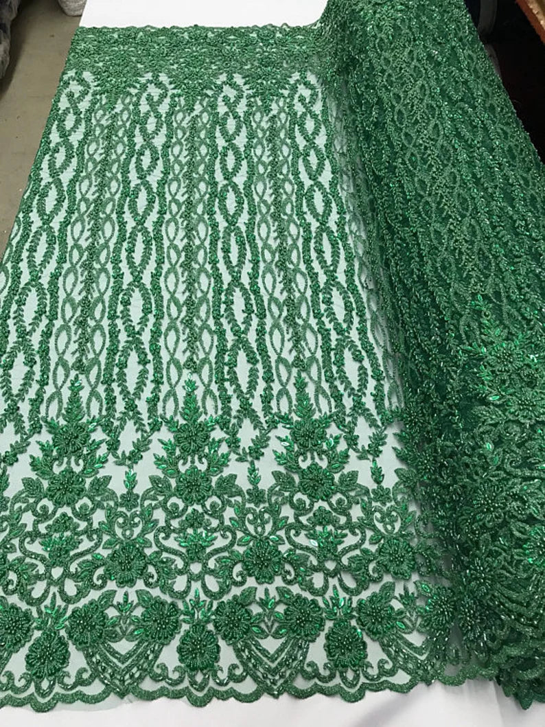 Precious Bridal Beaded Sequins On Mesh Fabric By The Yard Used For -Dress-Bridal-Fashion-Decor [Hunter Green]