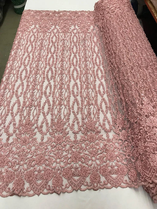 Precious Bridal Beaded Sequins On Mesh Fabric By The Yard Used For -Dress-Bridal-Fashion-Decor [Pink]